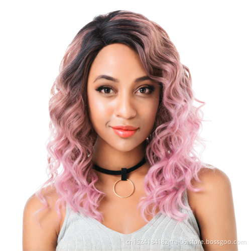 Japanese fiber three tone color 1b pink C side part curly lace front wig